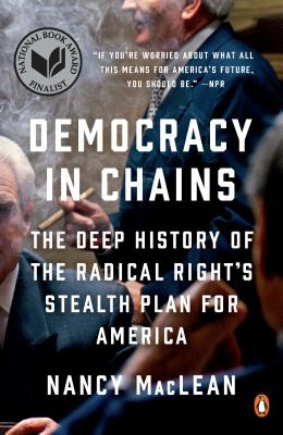 Democracy In Chains book cover, featuring a background photo of men in blue suits