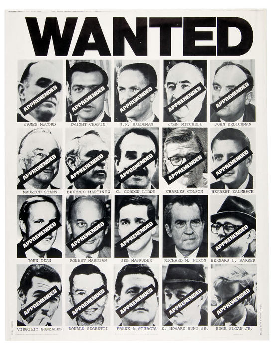 A wanted poster depicting those involved in the watergate scandal