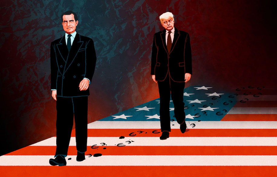 Richard Nixon and Donald Trump walking on the American flag